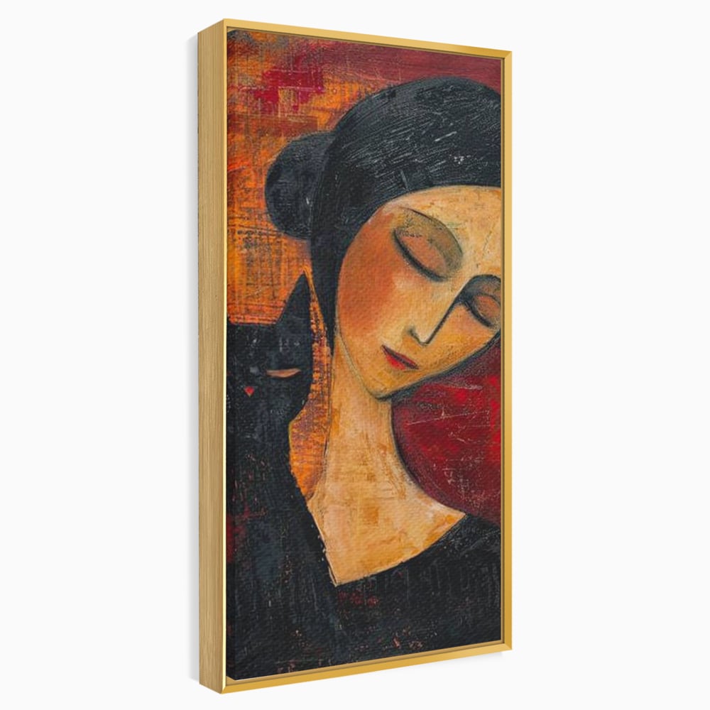 Tablou canvas cu pictura cu femeie si pisica neagra, in rama de aluminiu auriu